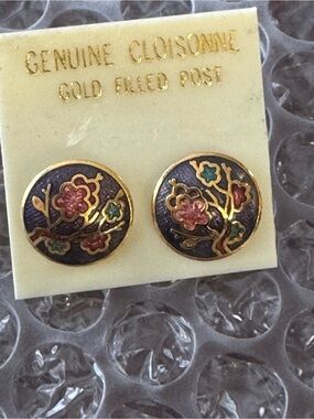 Gold-Tone Cloisonné Floral Button Earrings - Purple, Pink & Teal